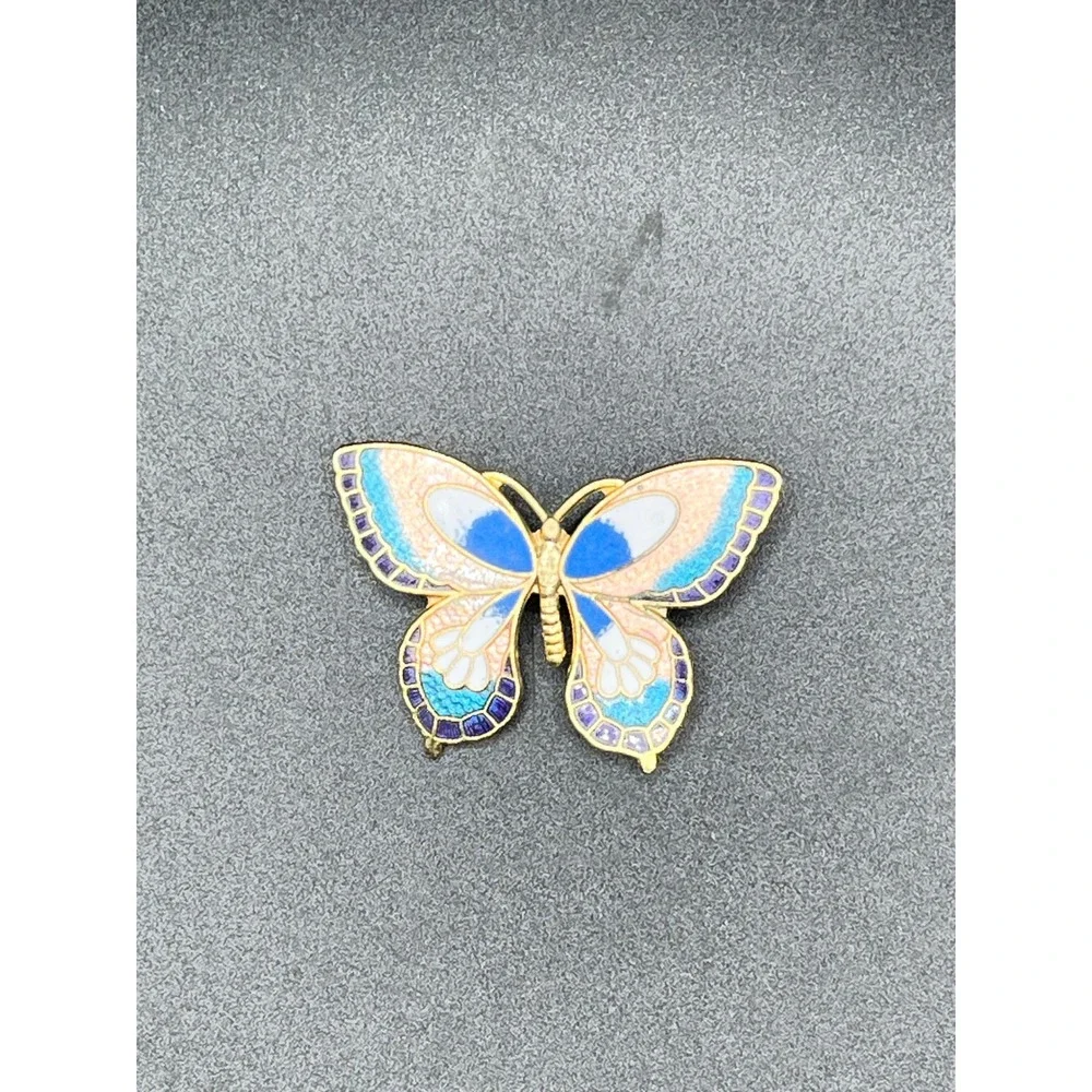 Vtg Enamel Butterfly Brooch Pin‎ Gold Tone Blue Pink White Artistic Whimsical
